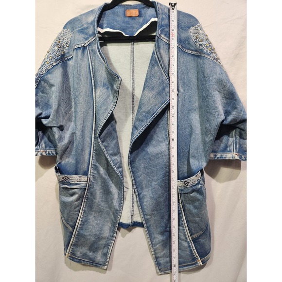 POL Anthropologie Studded Denim Cape Waterfall Trench Jacket Embroidery Sz Small - Picture 5 of 7